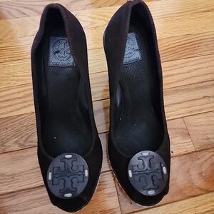 Tory Burch Peep Toe Brown Canvas Wedge Espradrilles